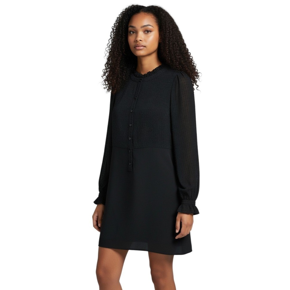 Loft Dress Size 0 Black Clip Dot Ruffle Neck Long Sleeve Mini Mixed Media